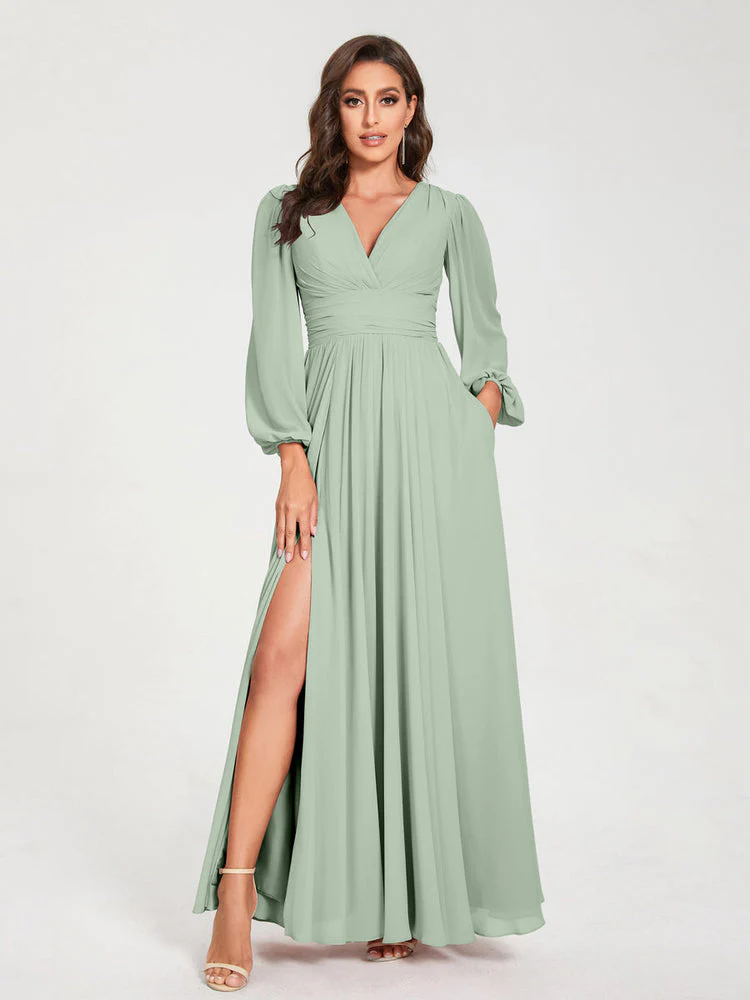A-Line/Princess V-Neck Long Sleeves Floor-Length Bridesmaid Dresses with Pockets & Split Side - Image 11