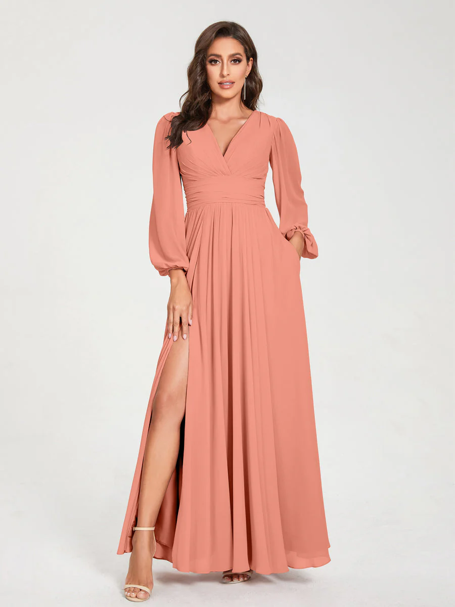 A-Line/Princess V-Neck Long Sleeves Floor-Length Bridesmaid Dresses with Pockets & Split Side - Image 16