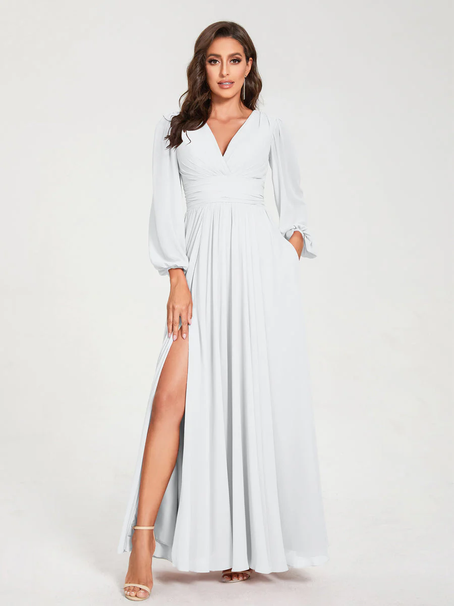A-Line/Princess V-Neck Long Sleeves Floor-Length Bridesmaid Dresses with Pockets & Split Side - Image 20