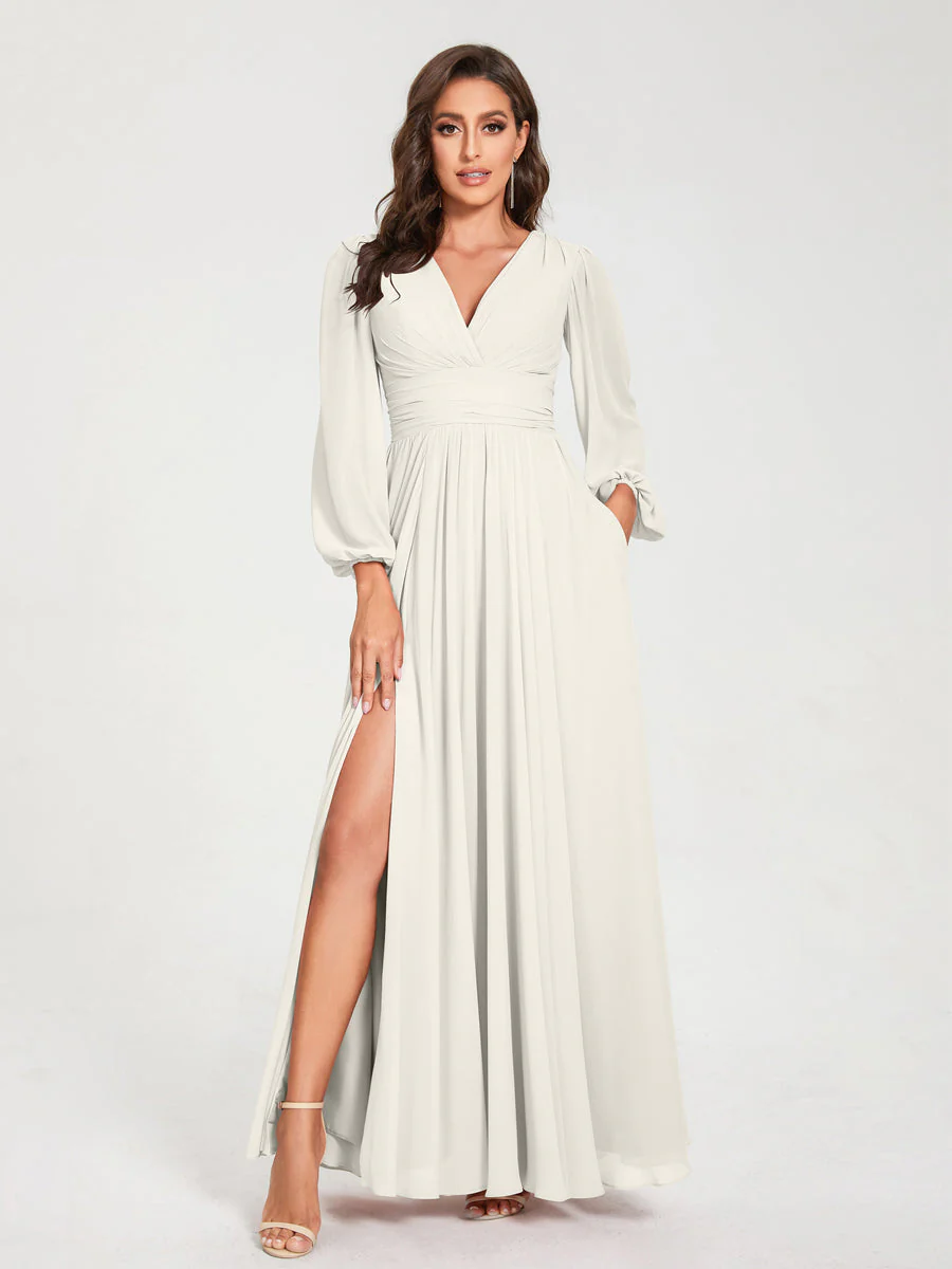 A-Line/Princess V-Neck Long Sleeves Floor-Length Bridesmaid Dresses with Pockets & Split Side - Image 22
