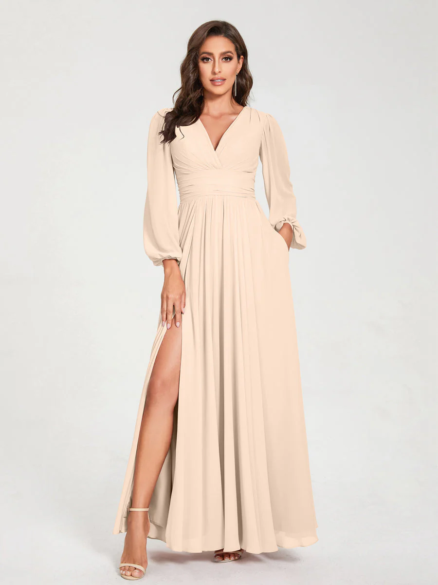 A-Line/Princess V-Neck Long Sleeves Floor-Length Bridesmaid Dresses with Pockets & Split Side - Image 24