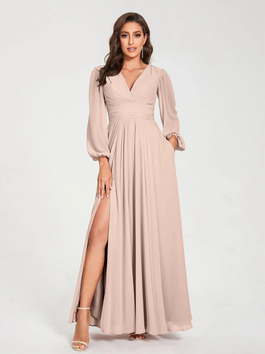 A-Line/Princess V-Neck Long Sleeves Floor-Length Bridesmaid Dresses with Pockets & Split Side - Image 28