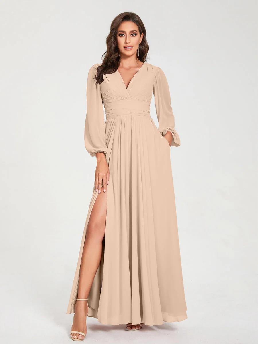 A-Line/Princess V-Neck Long Sleeves Floor-Length Bridesmaid Dresses with Pockets & Split Side - Image 29