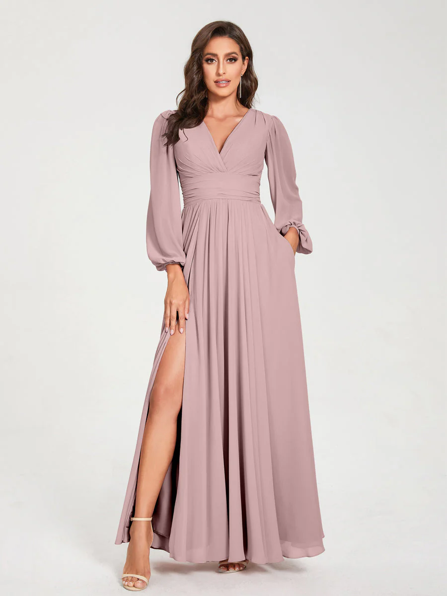 A-Line/Princess V-Neck Long Sleeves Floor-Length Bridesmaid Dresses with Pockets & Split Side - Image 30