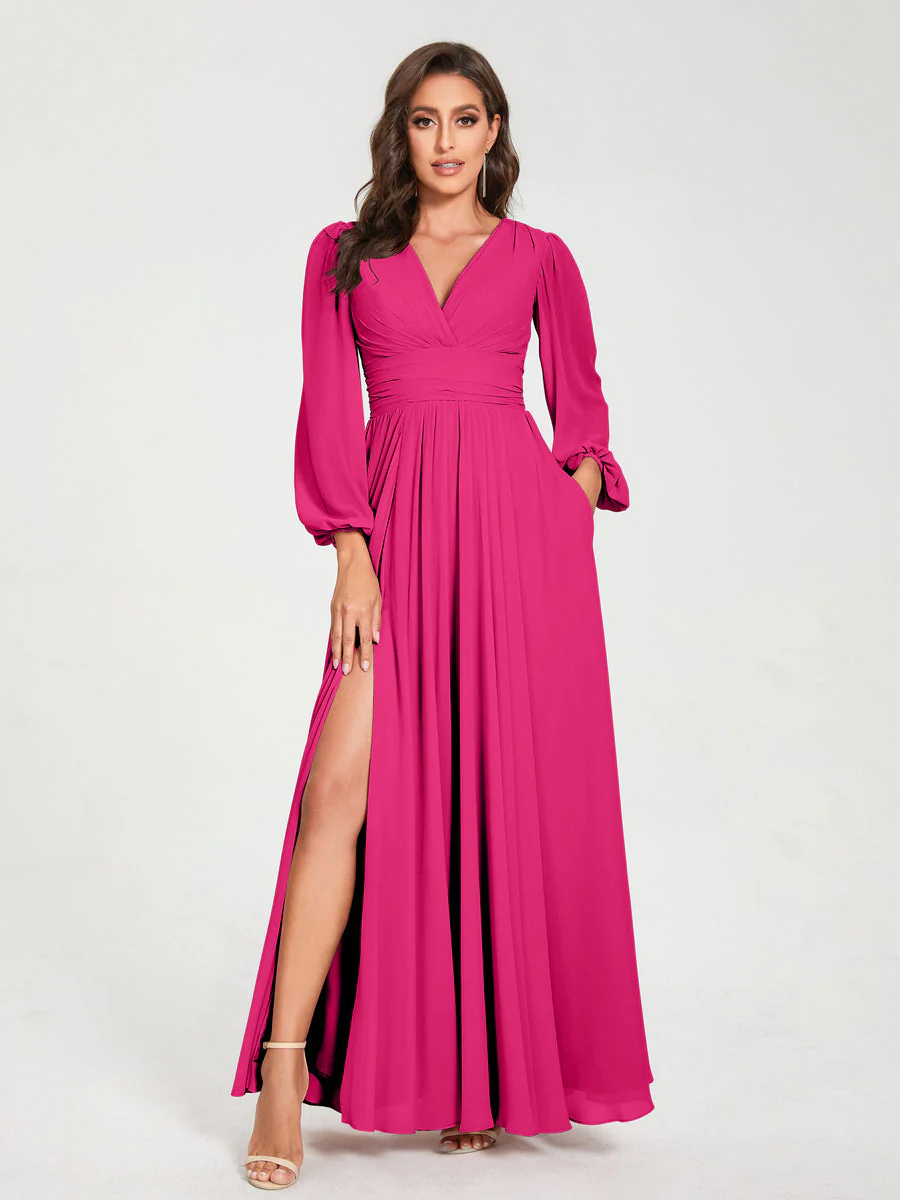 A-Line/Princess V-Neck Long Sleeves Floor-Length Bridesmaid Dresses with Pockets & Split Side - Image 34