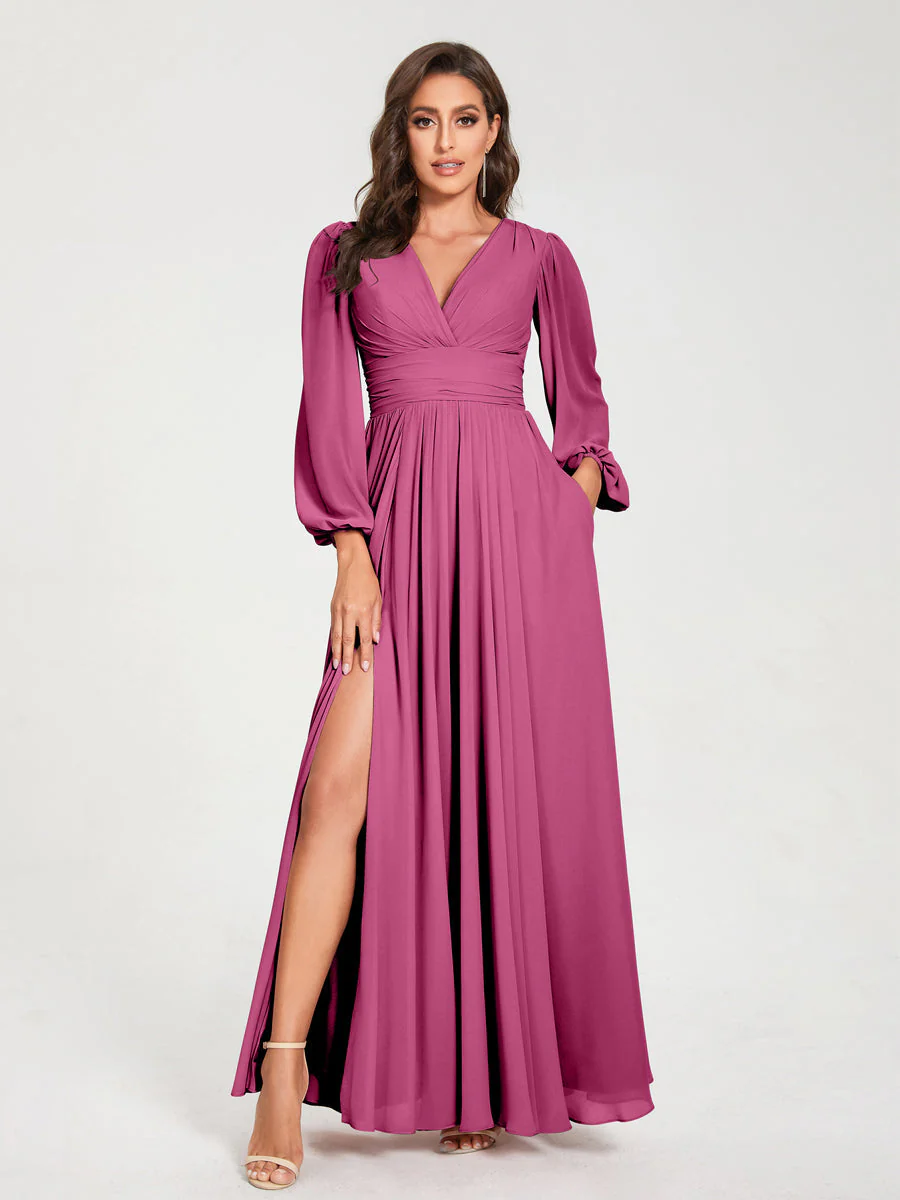 A-Line/Princess V-Neck Long Sleeves Floor-Length Bridesmaid Dresses with Pockets & Split Side - Image 35