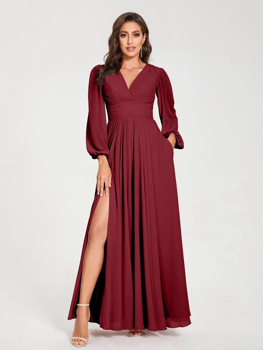 A-Line/Princess V-Neck Long Sleeves Floor-Length Bridesmaid Dresses with Pockets & Split Side - Image 37