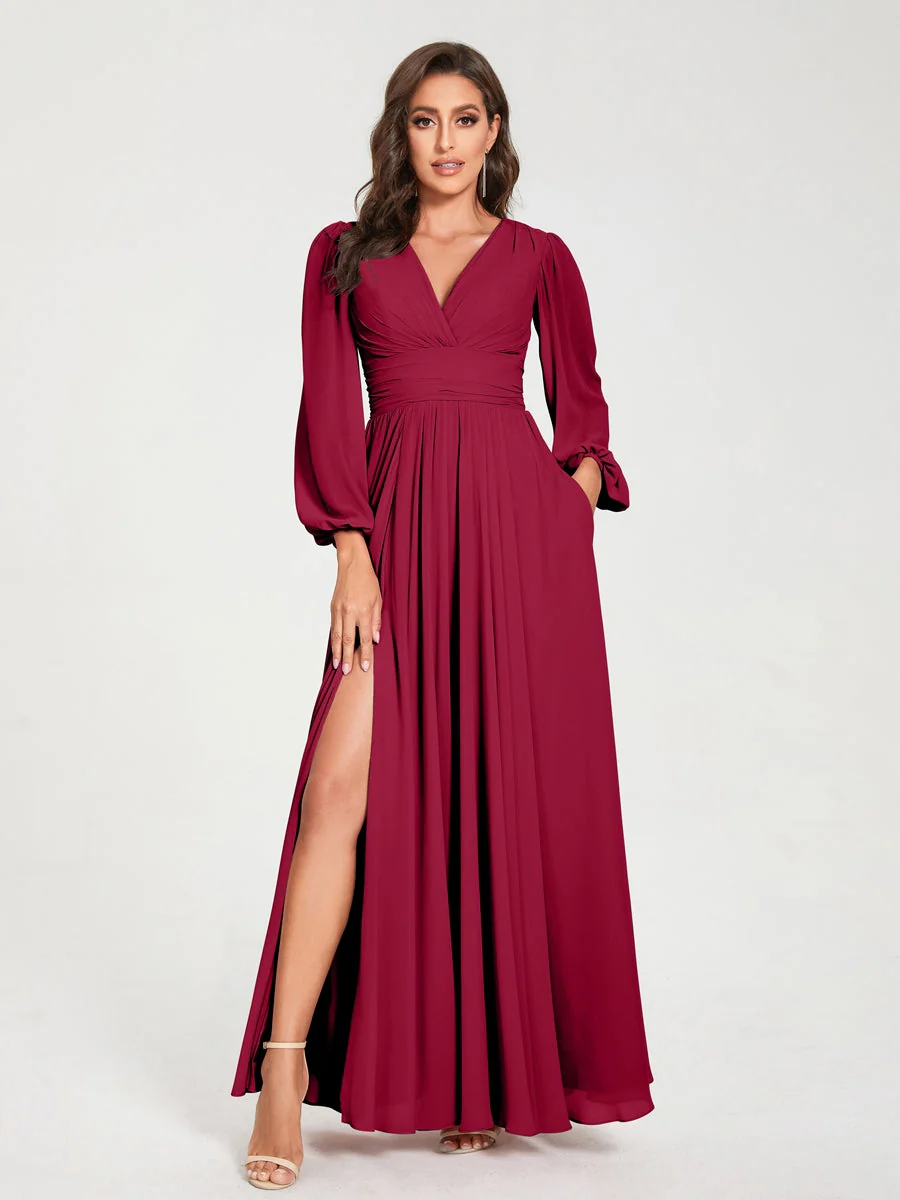 A-Line/Princess V-Neck Long Sleeves Floor-Length Bridesmaid Dresses with Pockets & Split Side - Image 38