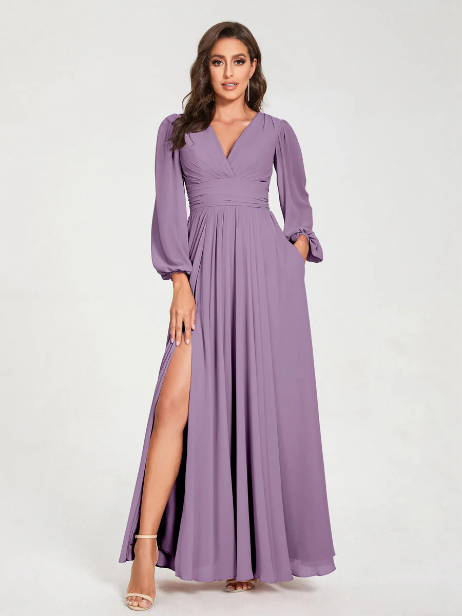 A-Line/Princess V-Neck Long Sleeves Floor-Length Bridesmaid Dresses with Pockets & Split Side - Image 40