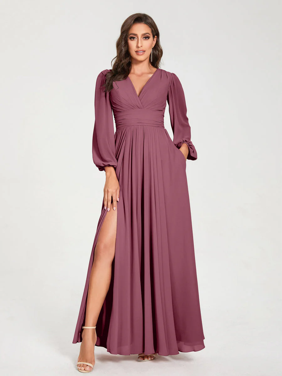 A-Line/Princess V-Neck Long Sleeves Floor-Length Bridesmaid Dresses with Pockets & Split Side - Image 43