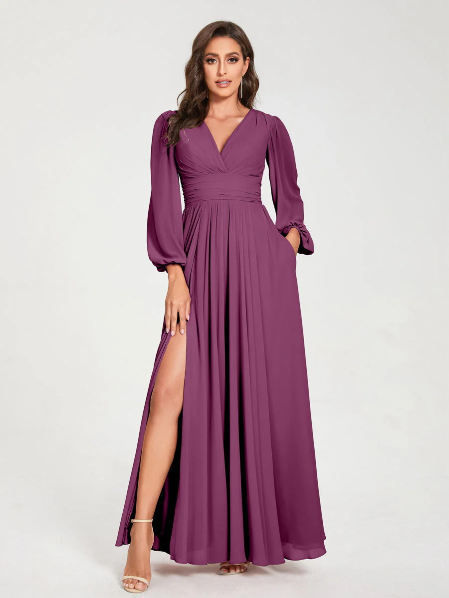 A-Line/Princess V-Neck Long Sleeves Floor-Length Bridesmaid Dresses with Pockets & Split Side - Image 44