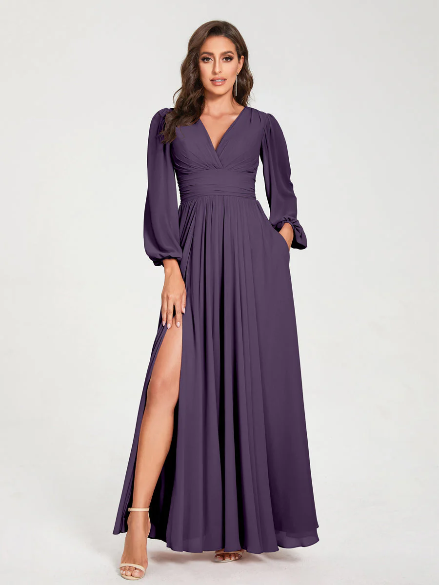A-Line/Princess V-Neck Long Sleeves Floor-Length Bridesmaid Dresses with Pockets & Split Side - Image 45