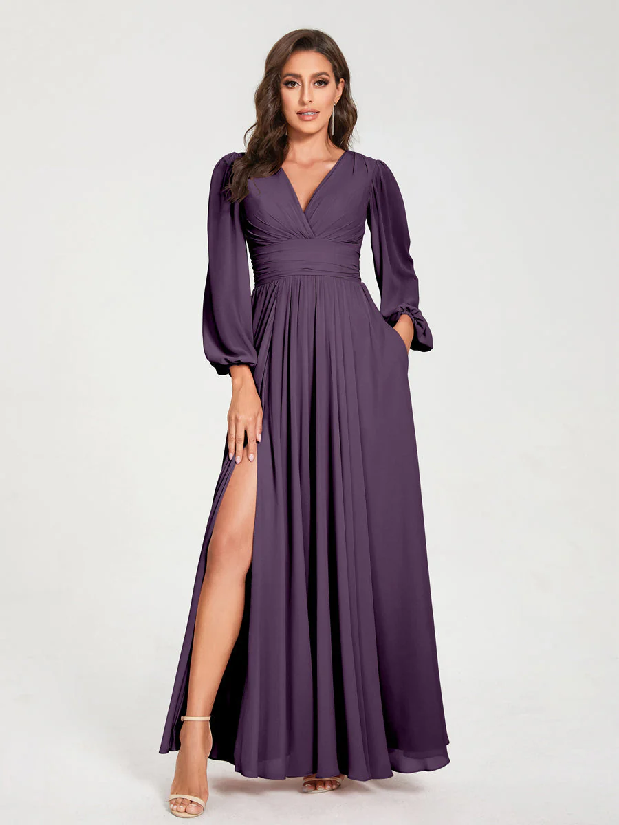 A-Line/Princess V-Neck Long Sleeves Floor-Length Bridesmaid Dresses with Pockets & Split Side - Image 46
