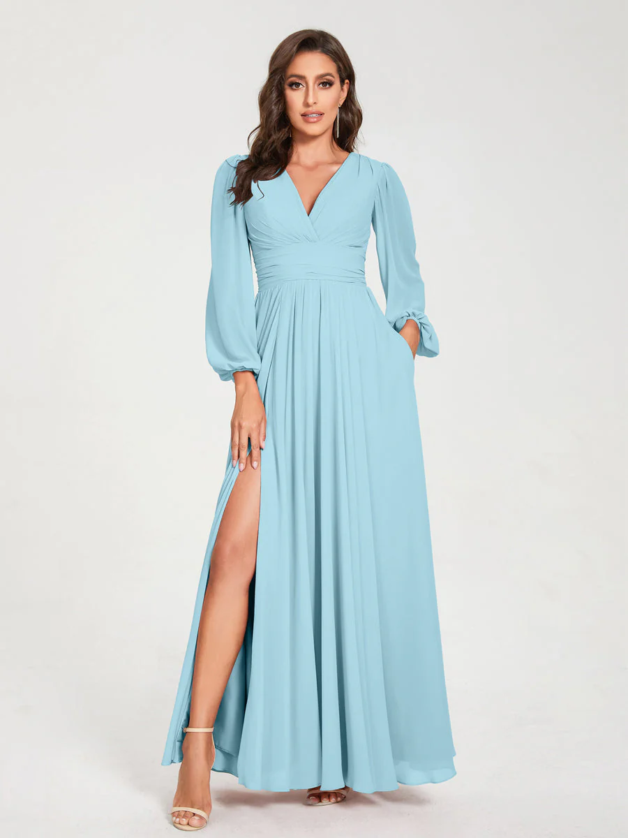 A-Line/Princess V-Neck Long Sleeves Floor-Length Bridesmaid Dresses with Pockets & Split Side - Image 49