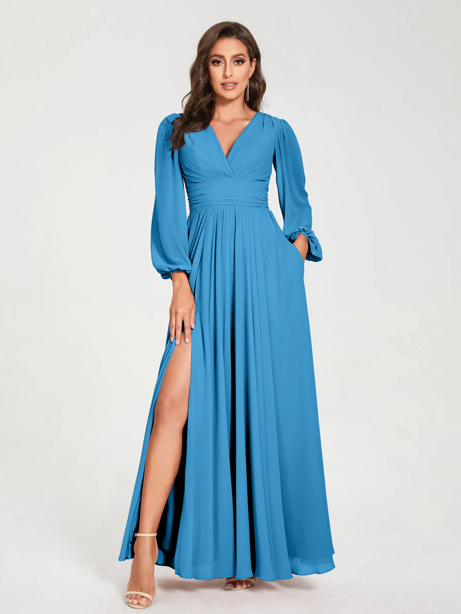 A-Line/Princess V-Neck Long Sleeves Floor-Length Bridesmaid Dresses with Pockets & Split Side - Image 53
