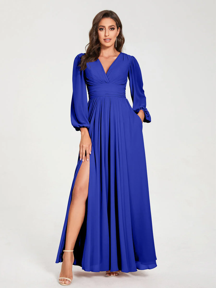 A-Line/Princess V-Neck Long Sleeves Floor-Length Bridesmaid Dresses with Pockets & Split Side - Image 55