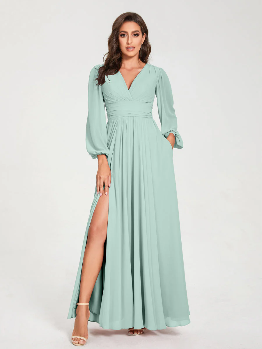 A-Line/Princess V-Neck Long Sleeves Floor-Length Bridesmaid Dresses with Pockets & Split Side - Image 60