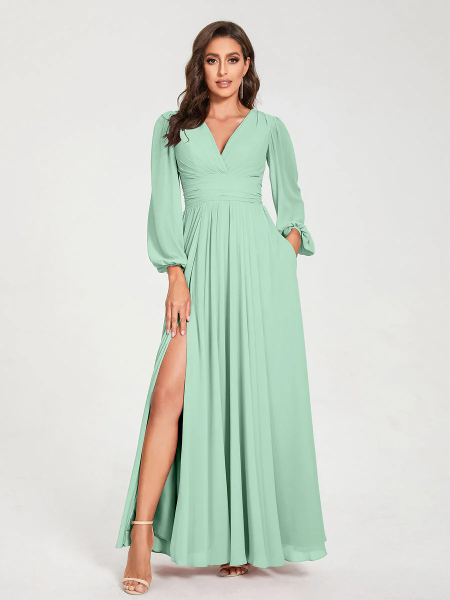 A-Line/Princess V-Neck Long Sleeves Floor-Length Bridesmaid Dresses with Pockets & Split Side - Image 61