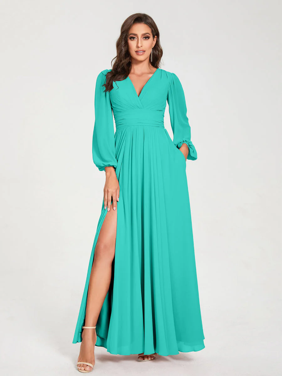 A-Line/Princess V-Neck Long Sleeves Floor-Length Bridesmaid Dresses with Pockets & Split Side - Image 63