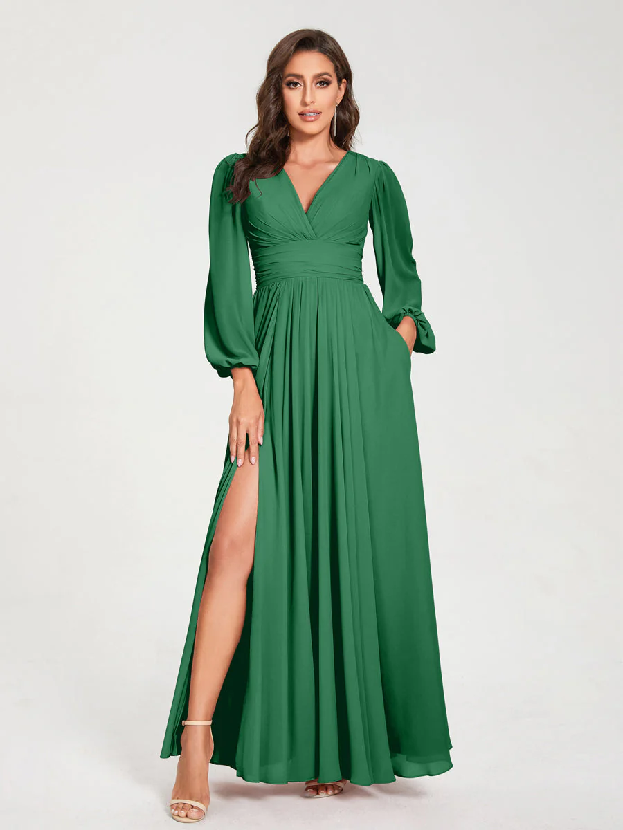 A-Line/Princess V-Neck Long Sleeves Floor-Length Bridesmaid Dresses with Pockets & Split Side - Image 67