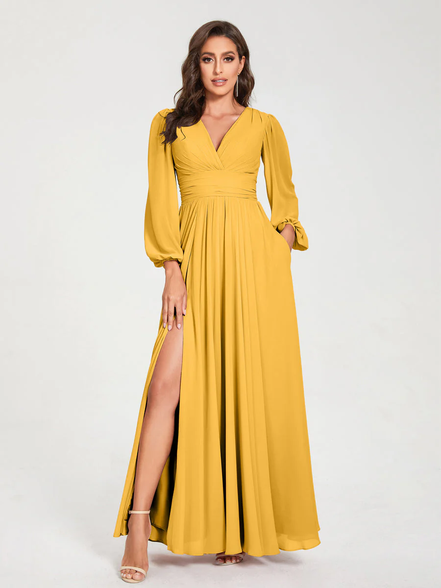 A-Line/Princess V-Neck Long Sleeves Floor-Length Bridesmaid Dresses with Pockets & Split Side - Image 70