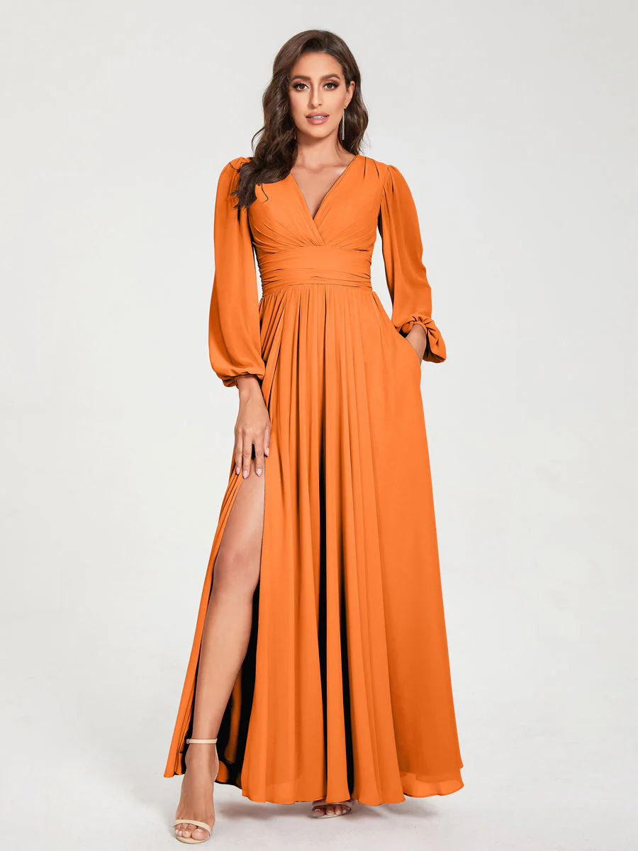 A-Line/Princess V-Neck Long Sleeves Floor-Length Bridesmaid Dresses with Pockets & Split Side - Image 72