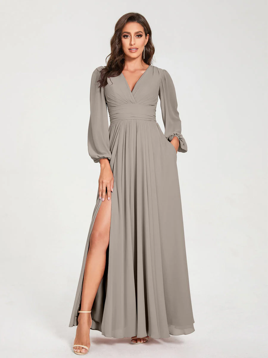 A-Line/Princess V-Neck Long Sleeves Floor-Length Bridesmaid Dresses with Pockets & Split Side - Image 73