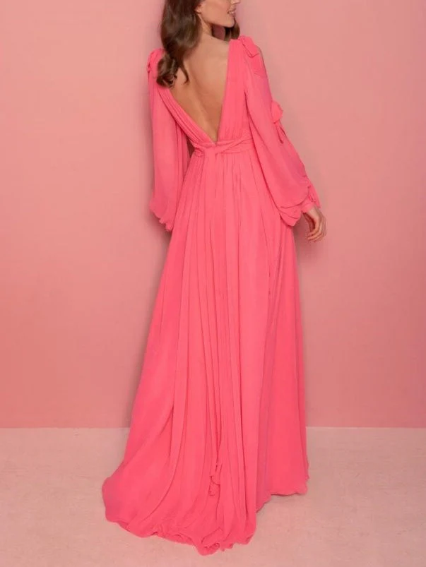 A-Line/Princess V-Neck Long Sleeves Floor-Length Evening Dress with Ruffles - Image 2