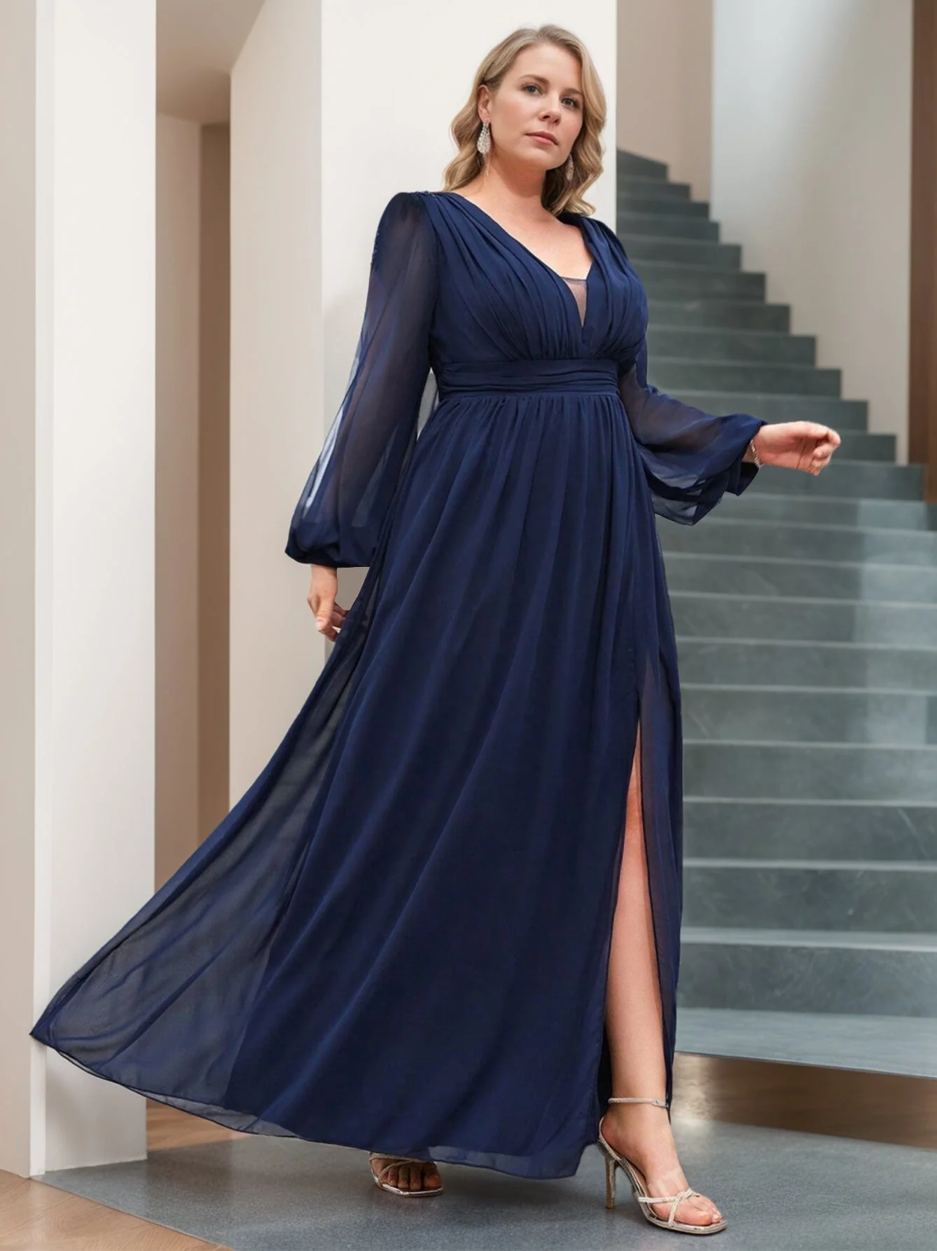 A-Line/Princess V-Neck Long Sleeves Floor-Length Mother of the Bride Dresses with Ruffles - Image 3
