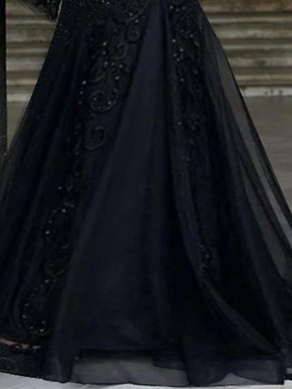 A-Line/Princess V-Neck Long Sleeves Floor-Length Evening Dresses with Appliques - Image 2