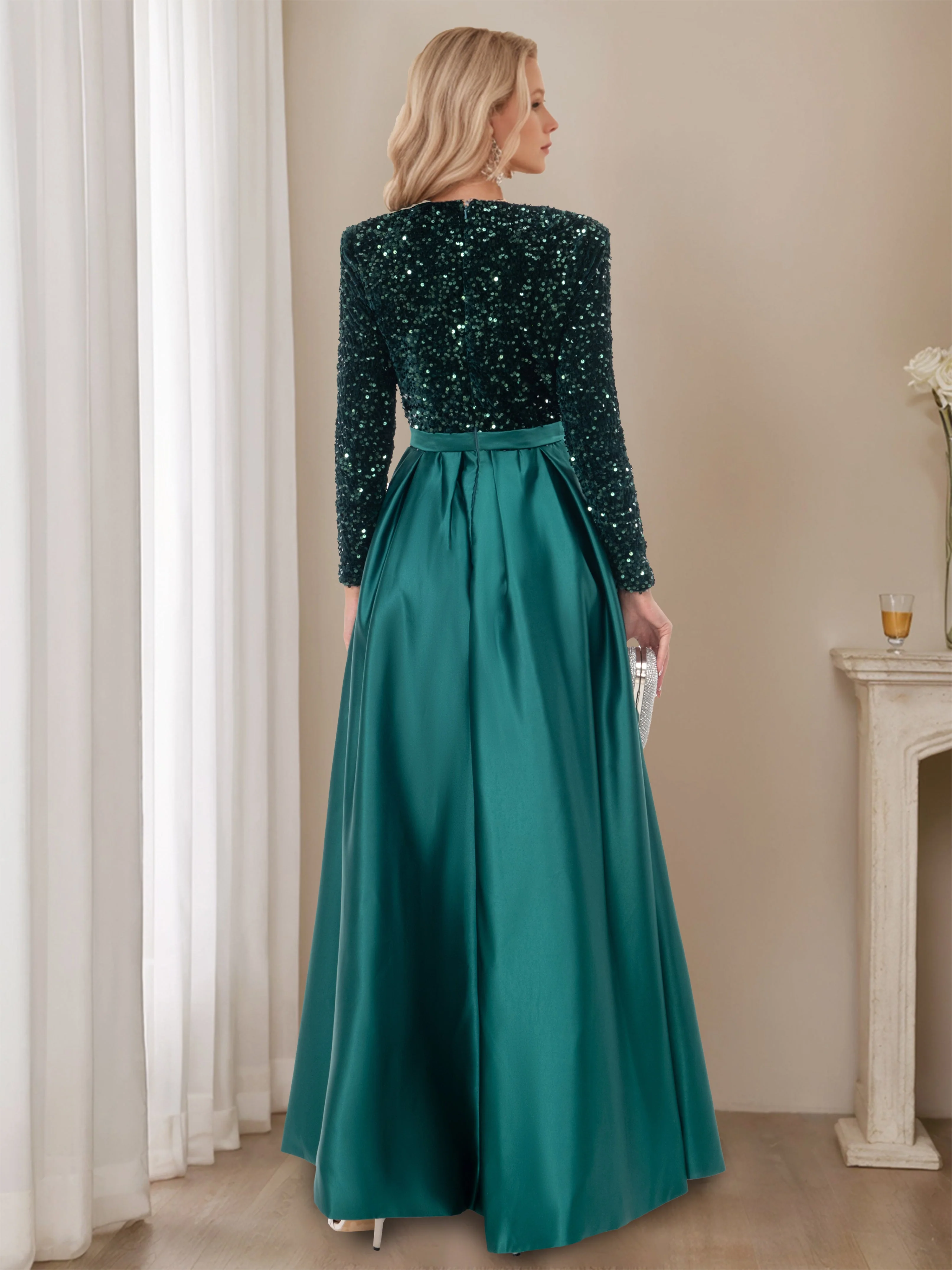 A-Line/Princess V-Neck Long Sleeves Floor-Length Evening Dresses with High Split - Image 2