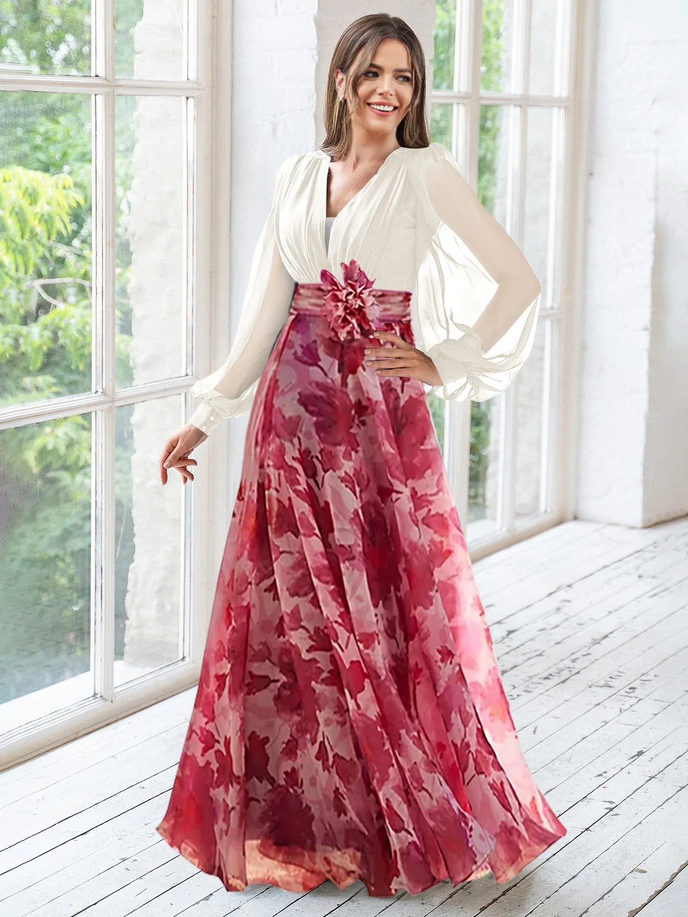 A Line/Princess V-Neck Long Sleeves Floor Length Floral Mother of the Bride Dresses With Flower - Image 11