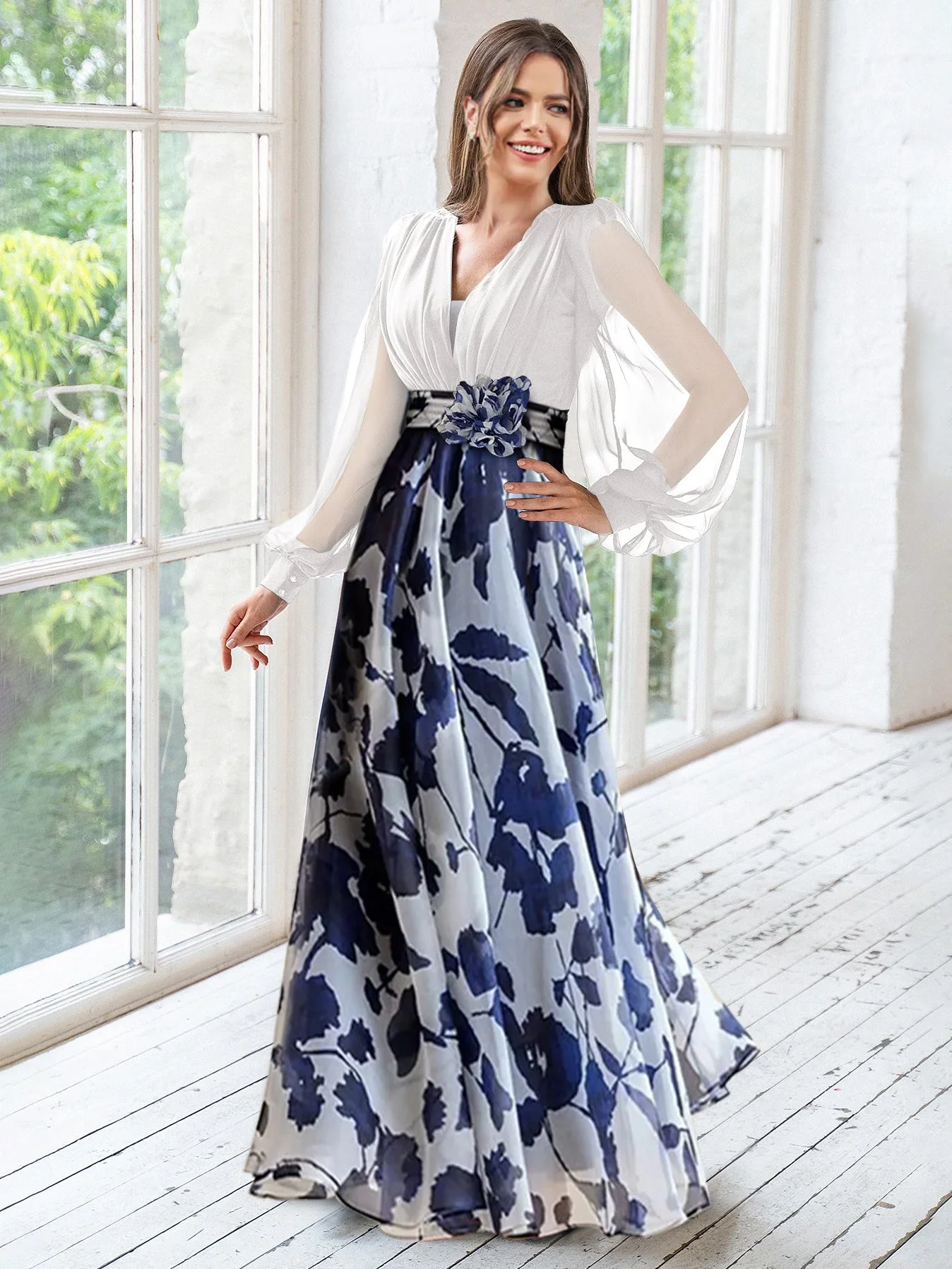 A Line/Princess V-Neck Long Sleeves Floor Length Floral Mother of the Bride Dresses With Flower - Image 12