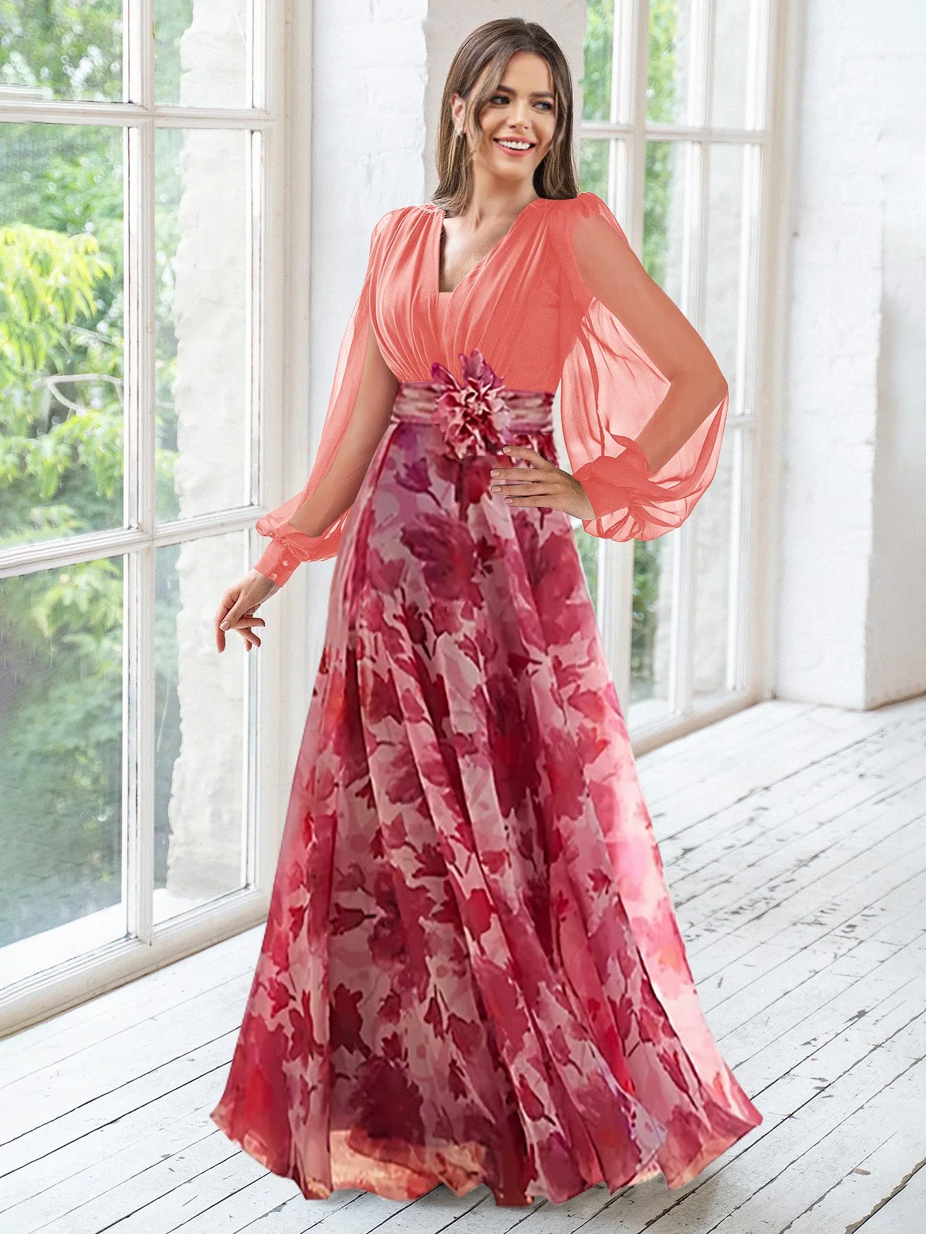 A Line/Princess V-Neck Long Sleeves Floor Length Floral Mother of the Bride Dresses With Flower - Image 14