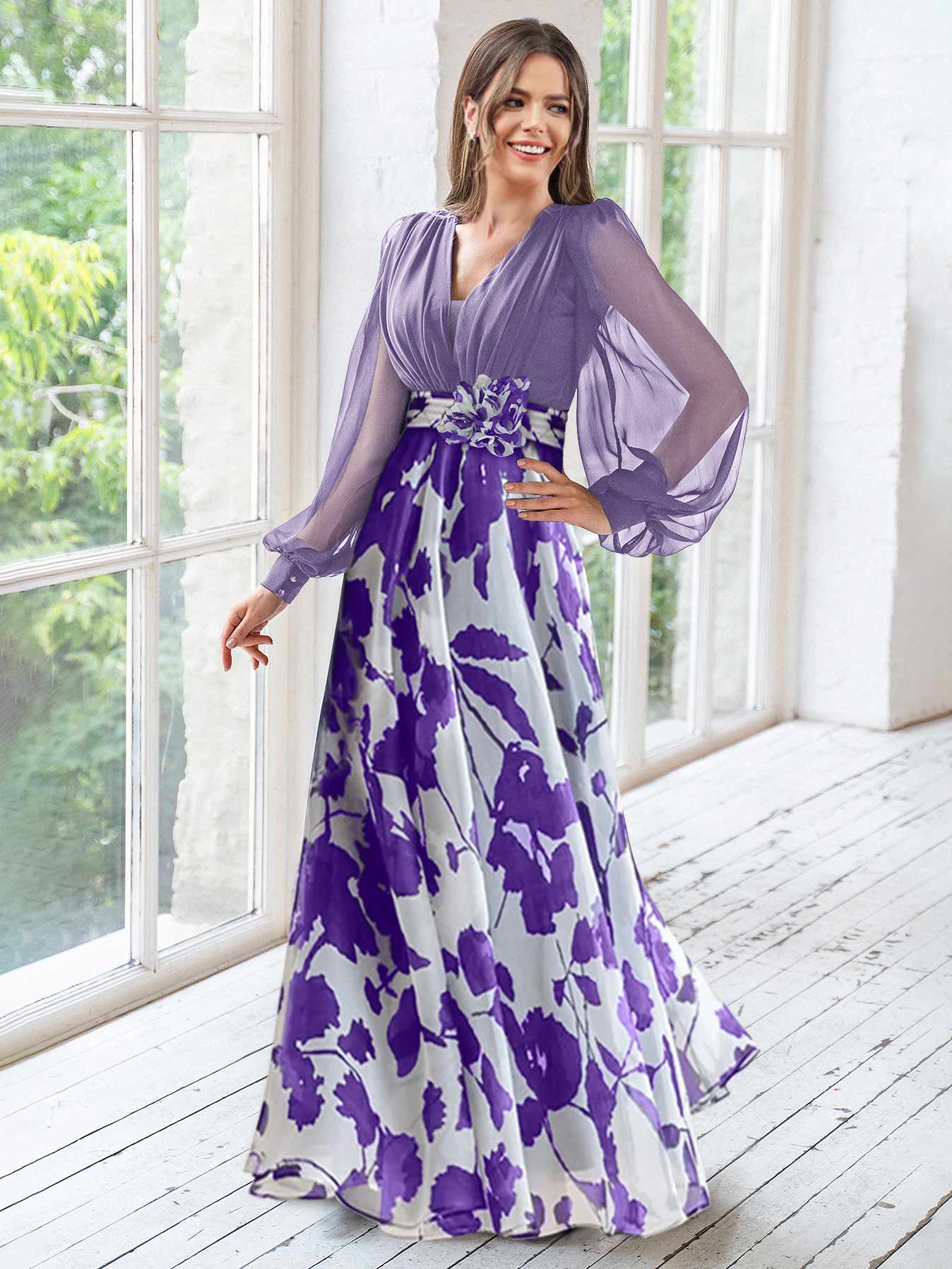 A Line/Princess V-Neck Long Sleeves Floor Length Floral Mother of the Bride Dresses With Flower - Image 15