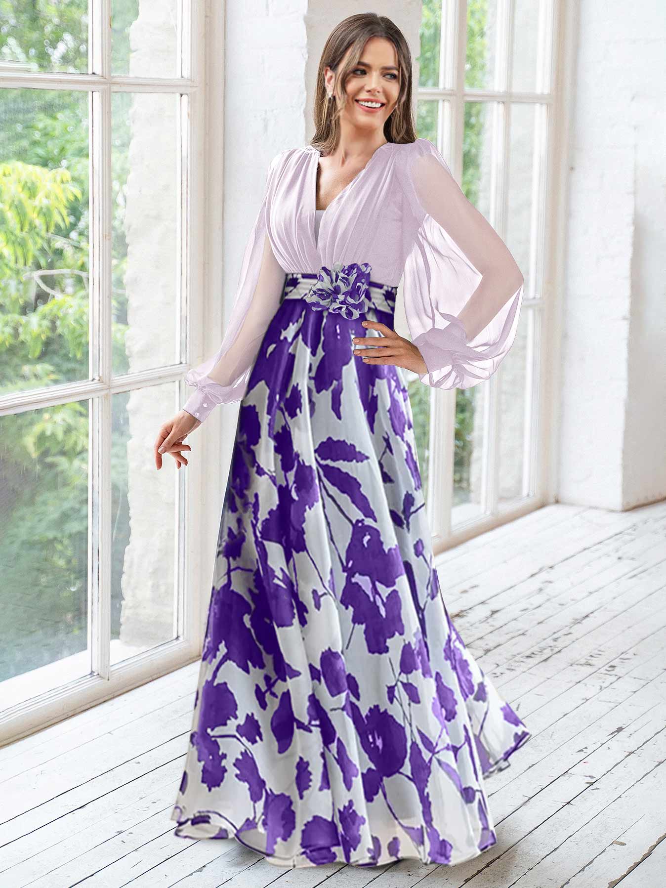 A Line/Princess V-Neck Long Sleeves Floor Length Floral Mother of the Bride Dresses With Flower - Image 16