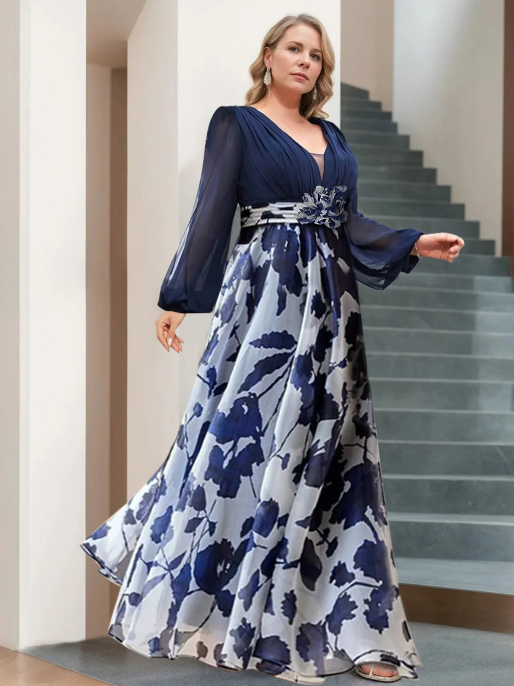 A Line/Princess V-Neck Long Sleeves Floor Length Floral Mother of the Bride Dresses With Flower - Image 3
