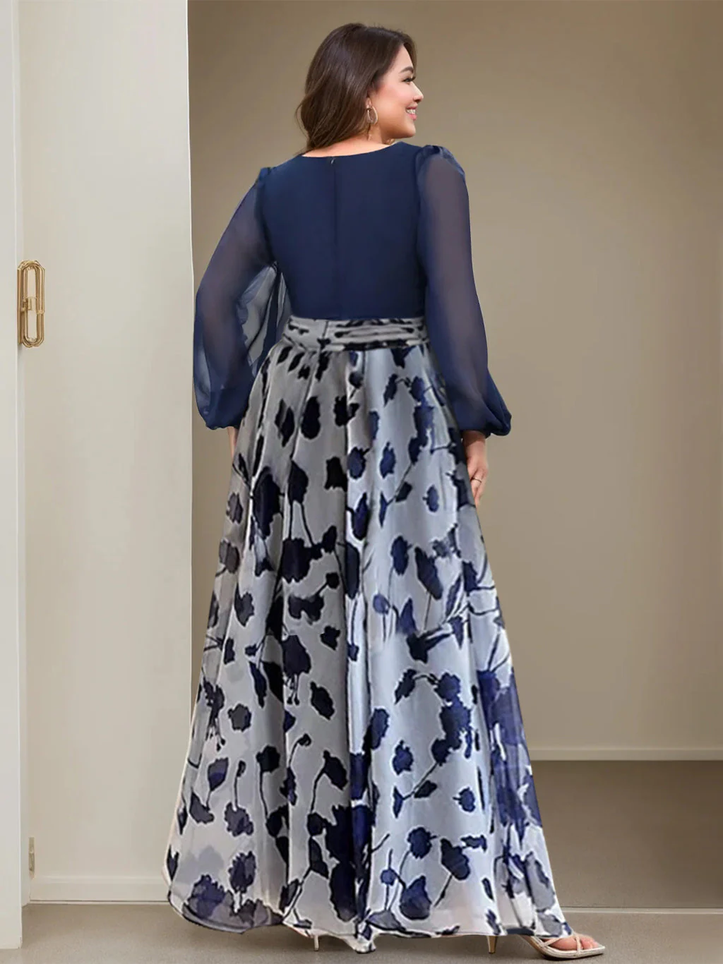 A Line/Princess V-Neck Long Sleeves Floor Length Floral Mother of the Bride Dresses With Flower - Image 4