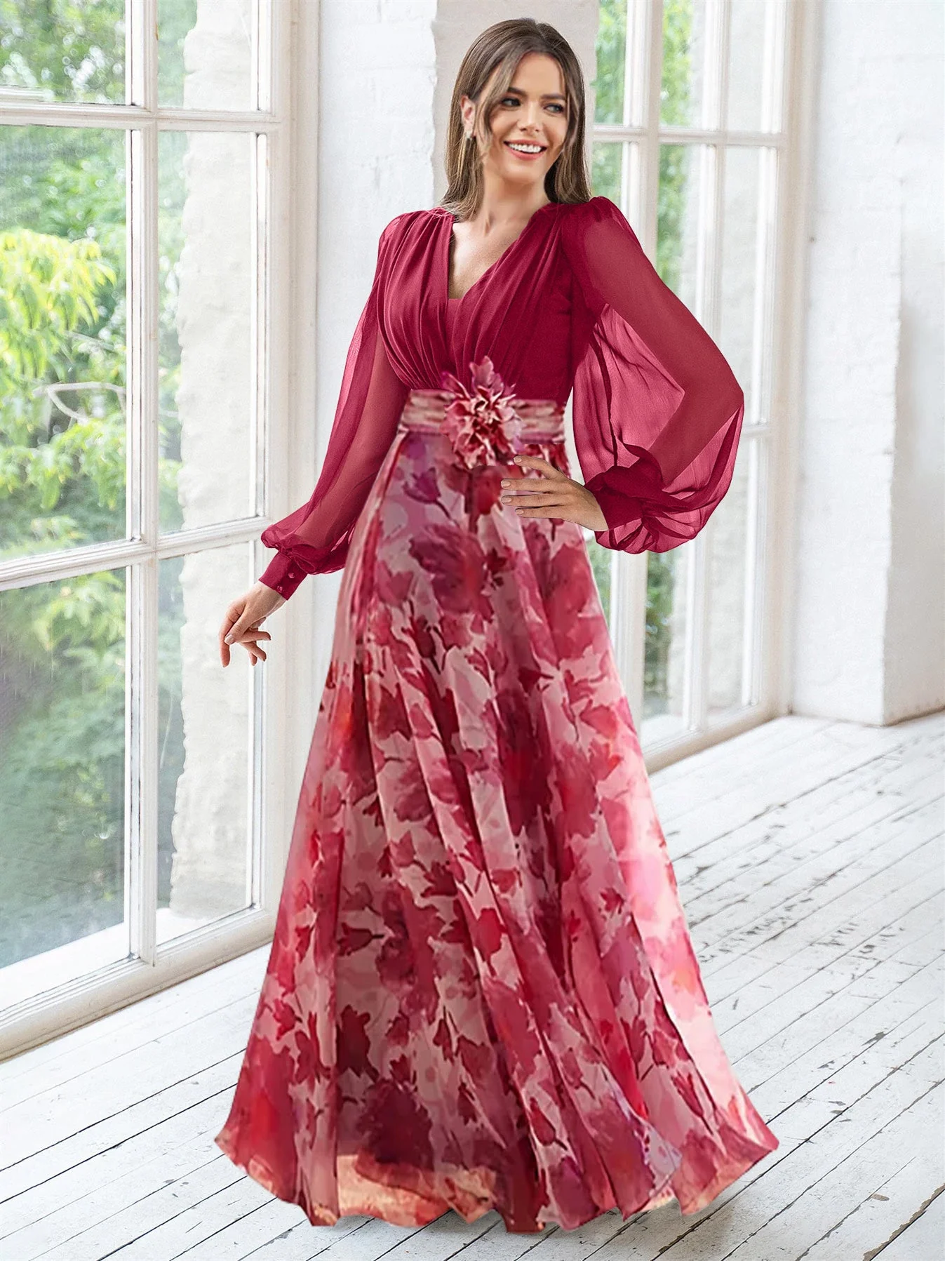A Line/Princess V-Neck Long Sleeves Floor Length Floral Mother of the Bride Dresses With Flower - Image 8