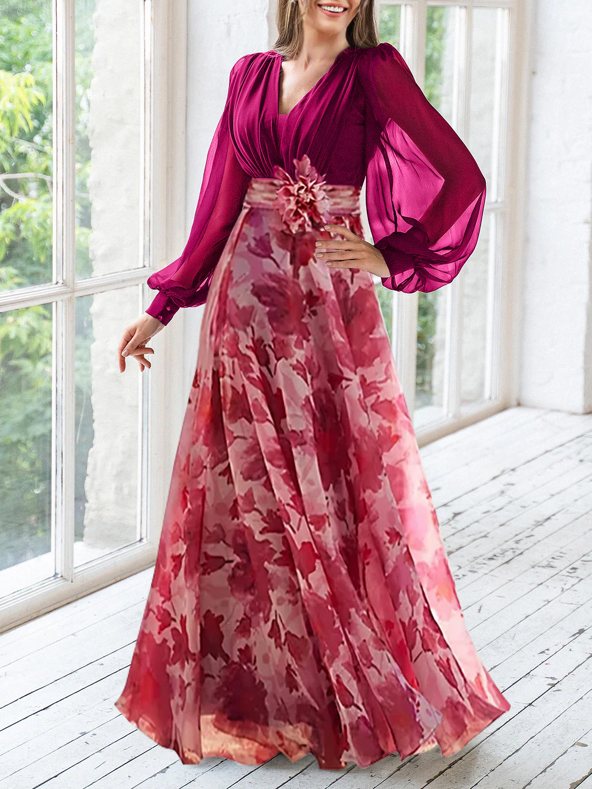 A Line/Princess V-Neck Long Sleeves Floor Length Floral Plus Size Mother of the Bride Dresses With Flower - Image 3