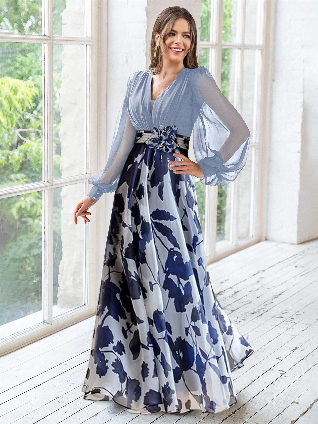 A Line/Princess V-Neck Long Sleeves Floor Length Floral Plus Size Mother of the Bride Dresses With Flower - Image 5