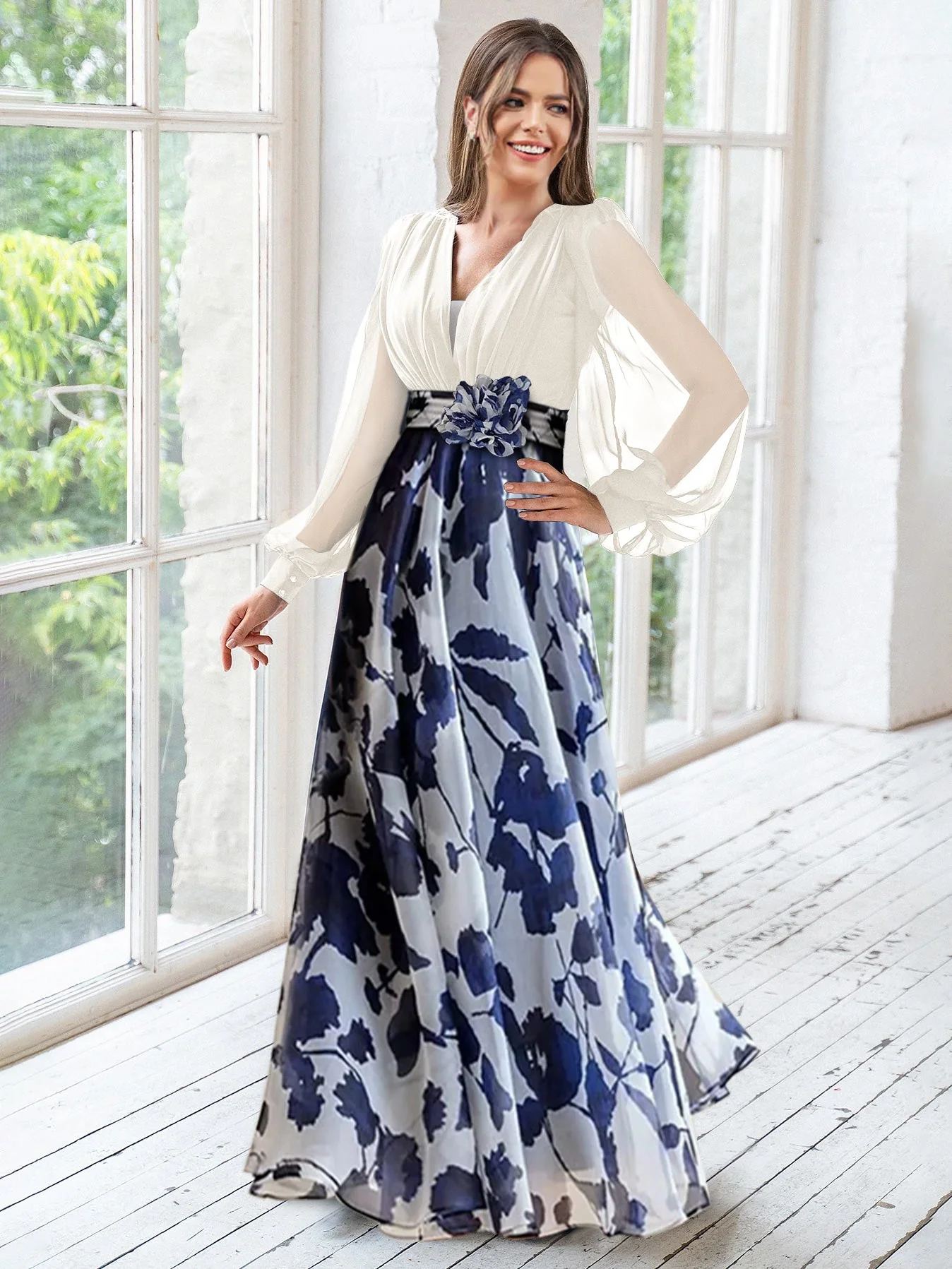 A Line/Princess V-Neck Long Sleeves Floor Length Floral Plus Size Mother of the Bride Dresses With Flower - Image 7
