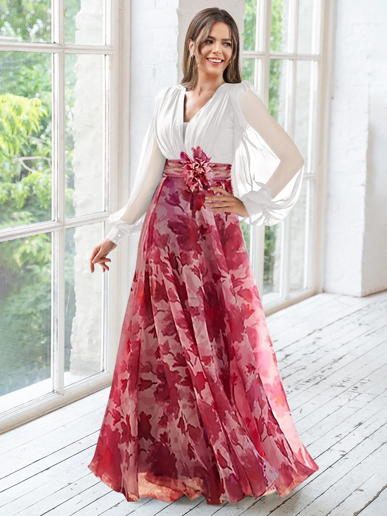 A Line/Princess V-Neck Long Sleeves Floor Length Floral Plus Size Mother of the Bride Dresses With Flower - Image 8