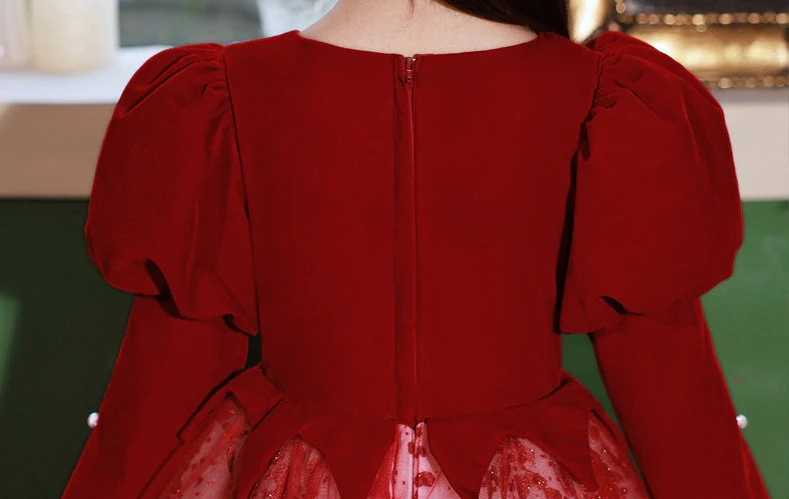 A-Line/Princess V-Neck Long Sleeves Floor Length Girl Red Party Dress - Image 2