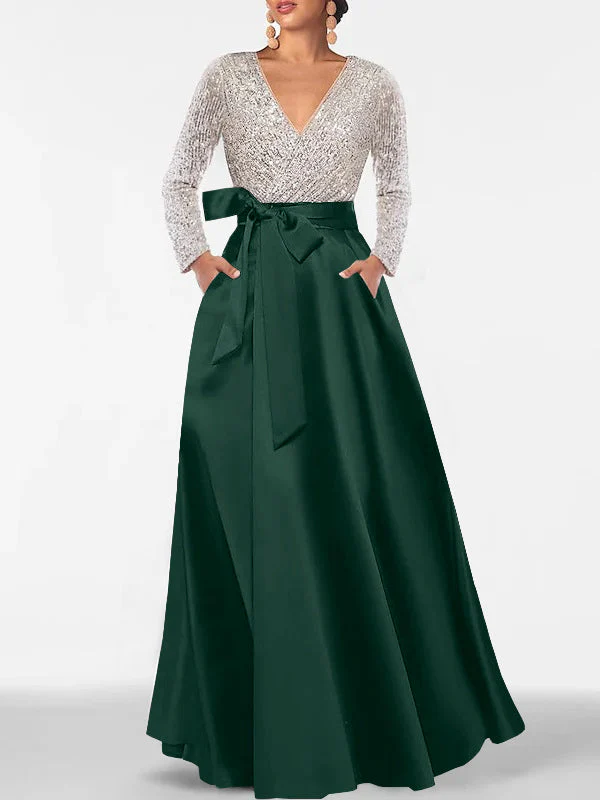 A-Line/Princess V-Neck Long Sleeves Floor-Length Mother of the Bride Dresses With Pocket & Sequins - Image 34