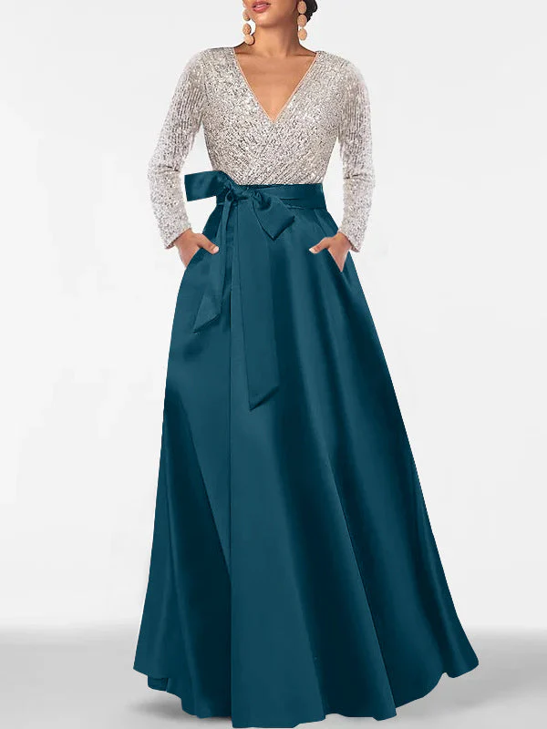 A-Line/Princess V-Neck Long Sleeves Floor-Length Mother of the Bride Dresses With Pocket & Sequins - Image 38