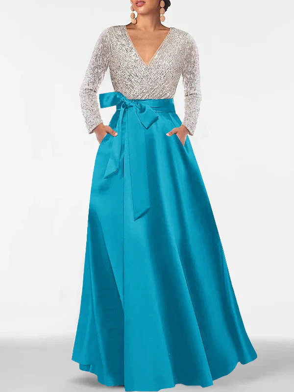 A-Line/Princess V-Neck Long Sleeves Floor-Length Mother of the Bride Dresses With Pocket & Sequins - Image 42