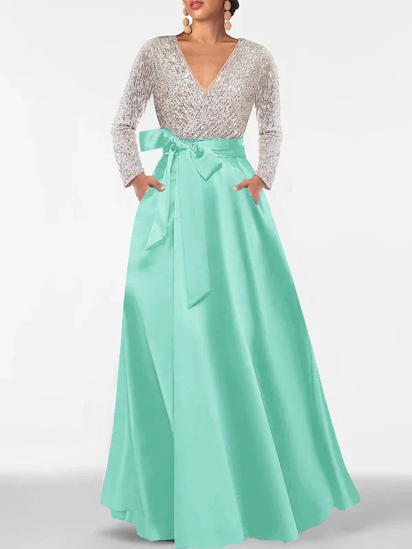 A-Line/Princess V-Neck Long Sleeves Floor-Length Mother of the Bride Dresses With Pocket & Sequins - Image 53