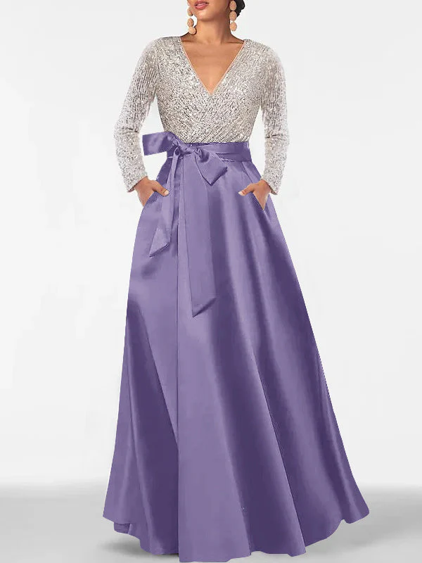 A-Line/Princess V-Neck Long Sleeves Floor-Length Mother of the Bride Dresses With Pocket & Sequins - Image 55