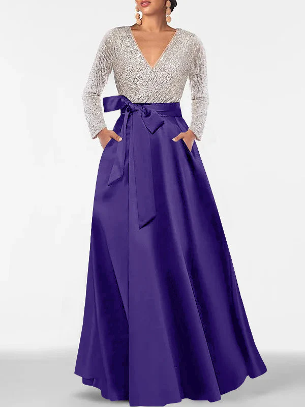 A-Line/Princess V-Neck Long Sleeves Floor-Length Mother of the Bride Dresses With Pocket & Sequins - Image 60